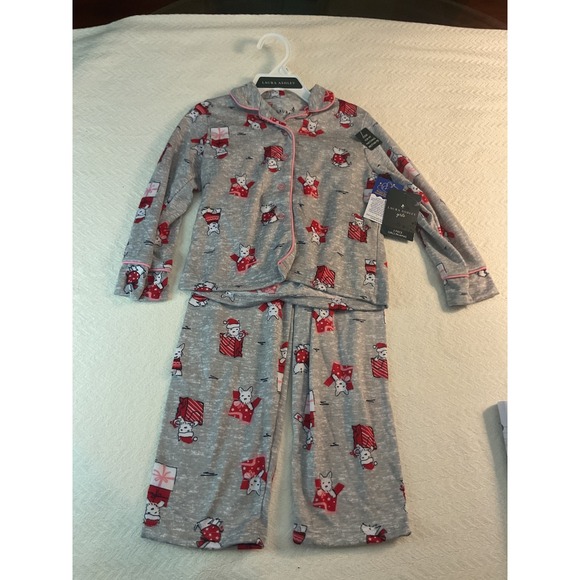Laura Ashley Girls Pajamas Size 4T Gray Christmas Dog Gift Holiday PJs Set NWT - Picture 1 of 7